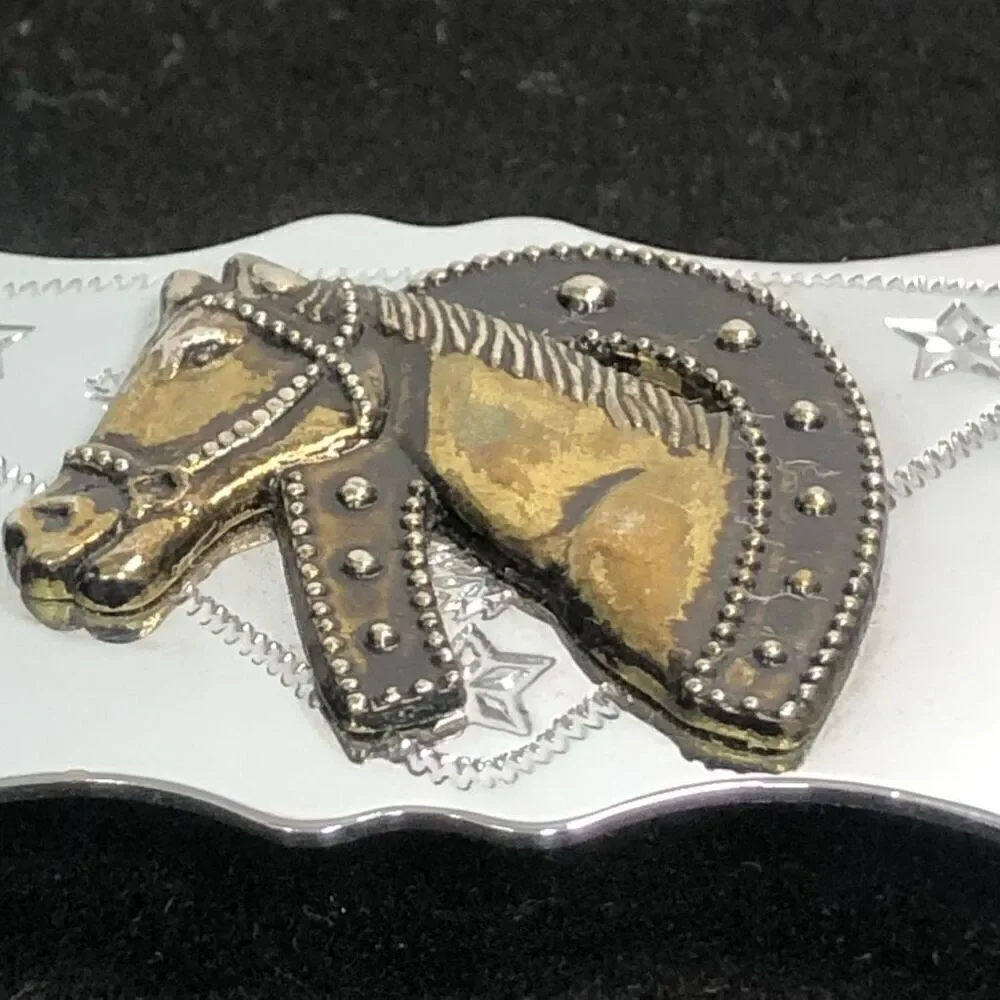 vintage metal horse belt buckle‎ two tone metal horseshoe mirror finish western